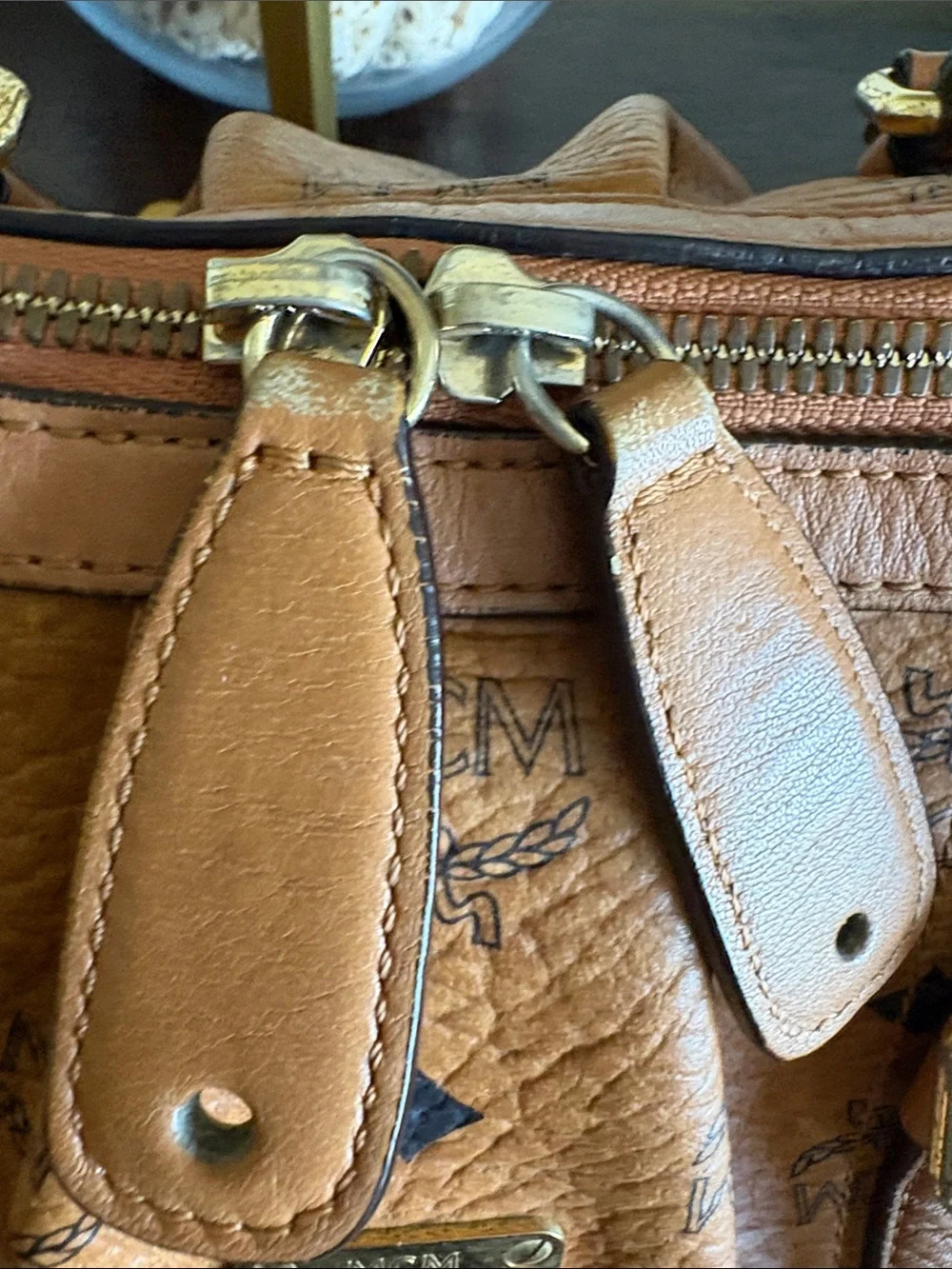 MCM Tan Cognac Logo Visetos Satchel with Gold Hardware